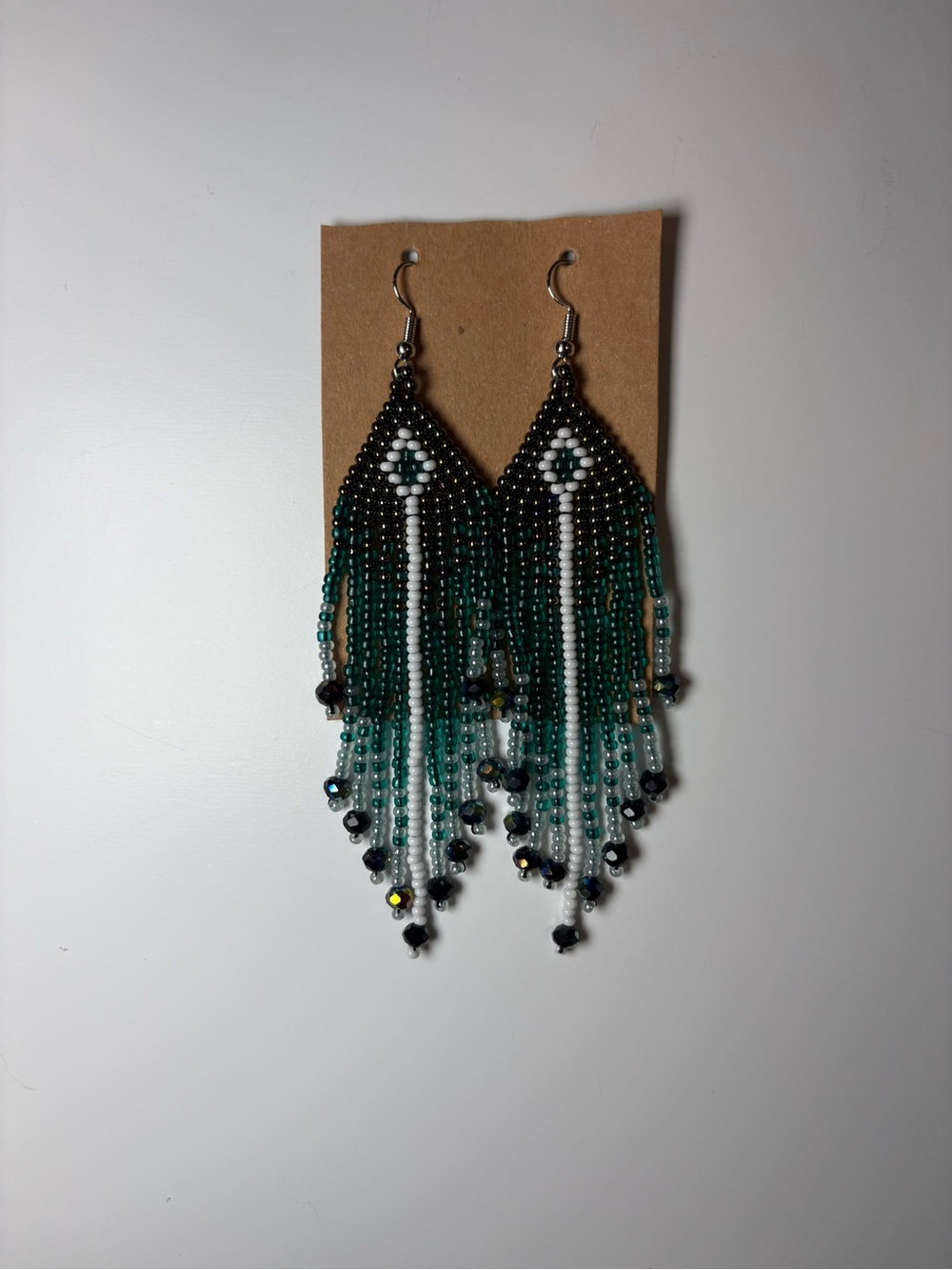 Handmade Green and Black Beaded Fringe Earrings